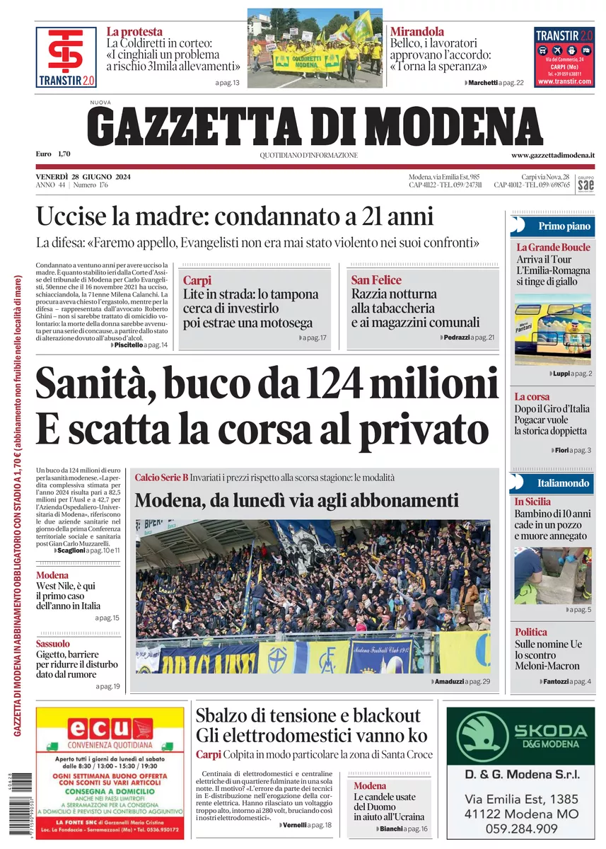 Prima-pagina-gazzetta di modena-oggi-edizione-del-2024-06-28